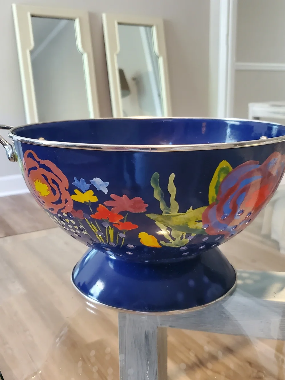 NWT Pioneer Woman Hand-Painted Navy Floral Enamel Colander